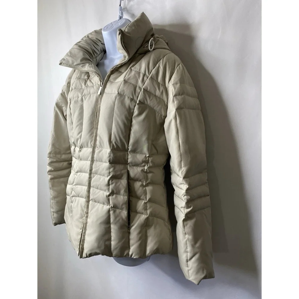 Calvin Klein Jacket Woman Medium White Hooded Goose Down Puffer Full Zip Coat‎